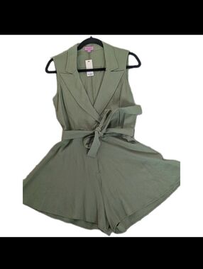 Miami For Francesca Linen Wrap Romper Olive Khaki Green Pantsuit Sz M NEW